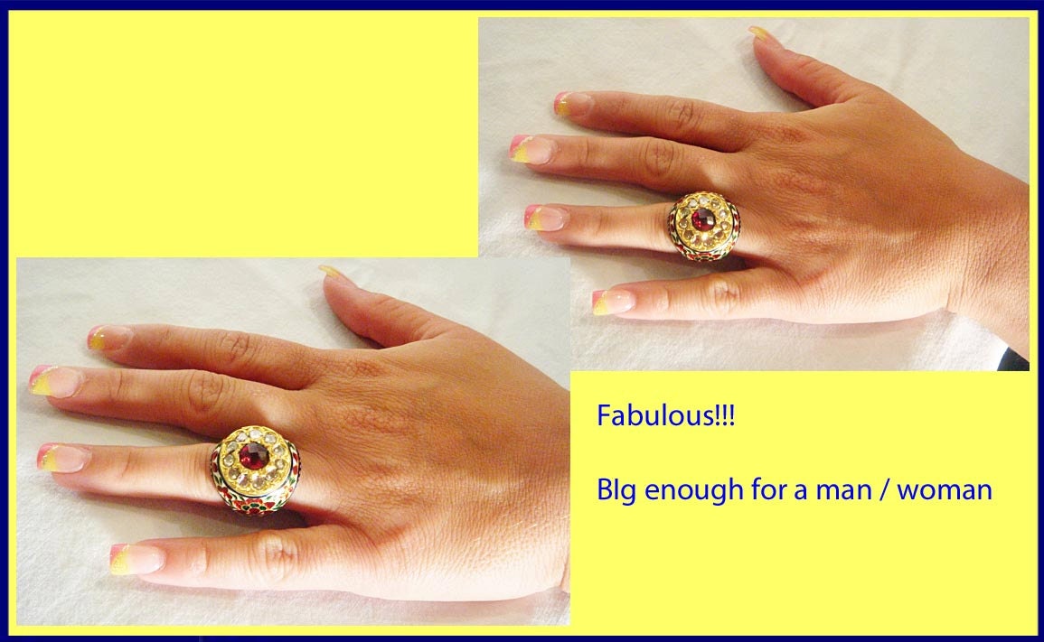 Mughal Ring 22k Gold Diamonds Garnet Enamel Man's Jewelry w Appraisal (4733)