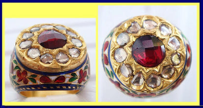 Mughal Ring 22k Gold Diamonds Garnet Enamel Man's Jewelry w Appraisal (4733)