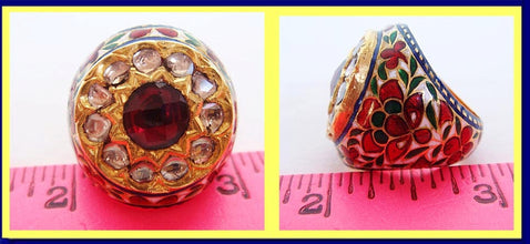 Mughal Ring 22k Gold Diamonds Garnet Enamel Man's Jewelry w Appraisal (4733)