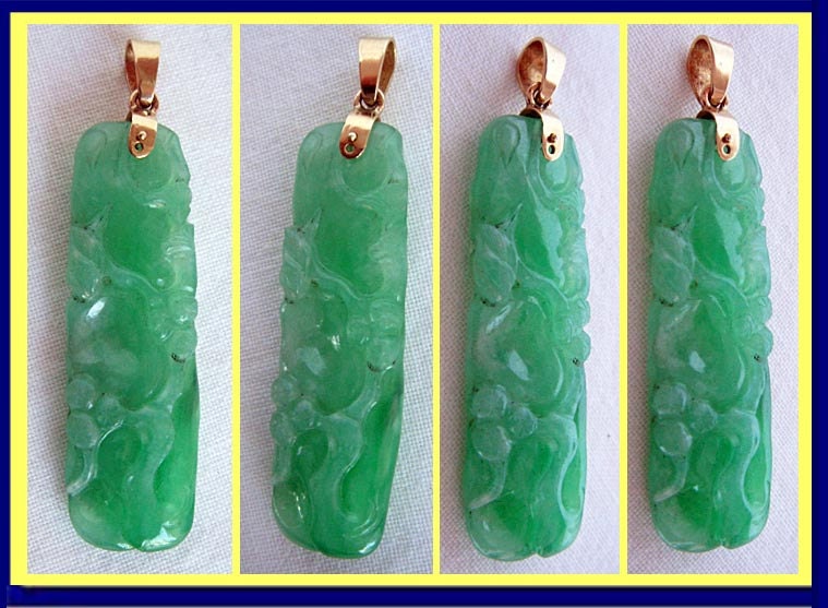 Chinese Carved green Jade and 14k Gold Pendant Antique  (4670)