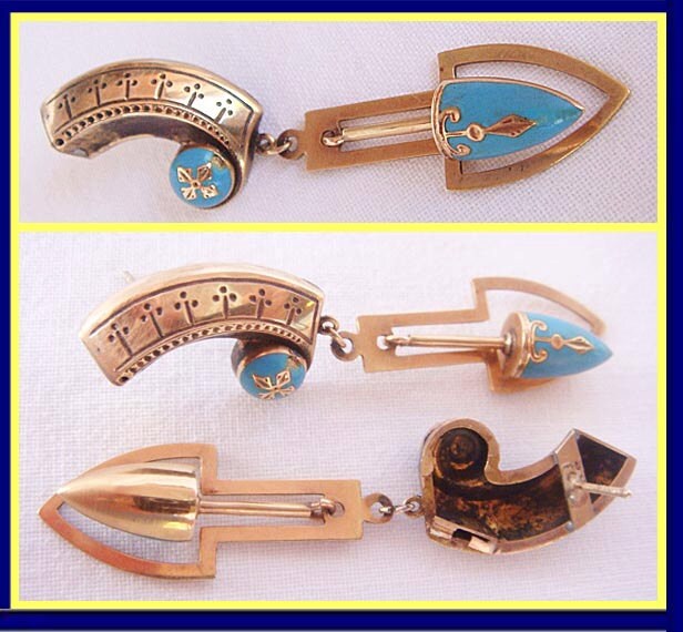 Antique Victorian Earrings. 14k Gold, Blue Enamel. Long (4615)