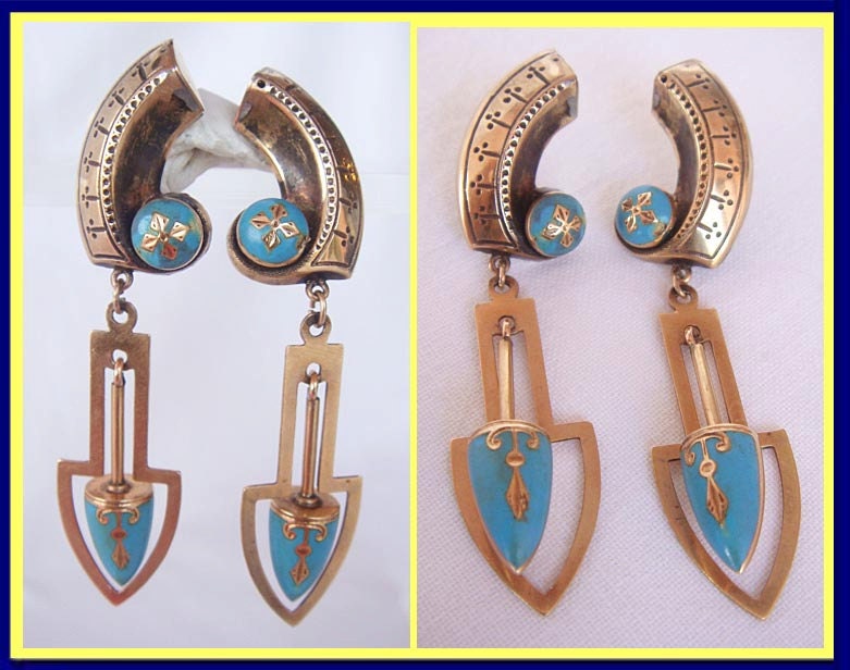 Antique Victorian Earrings. 14k Gold, Blue Enamel. Long (4615)