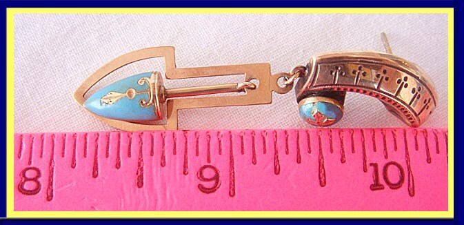 Antique Victorian Earrings. 14k Gold, Blue Enamel. Long (4615)