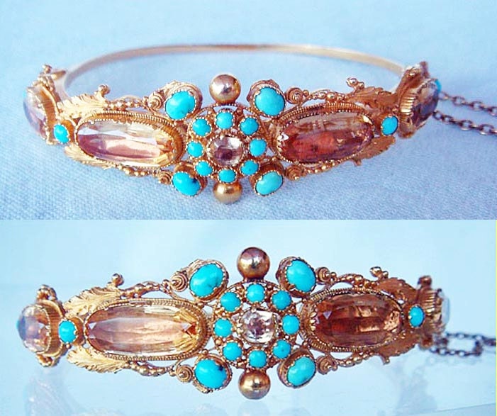 Antique Georgian Bracelet Bangle Topaz Turquoise Gold Cannetille 1820's (4405)