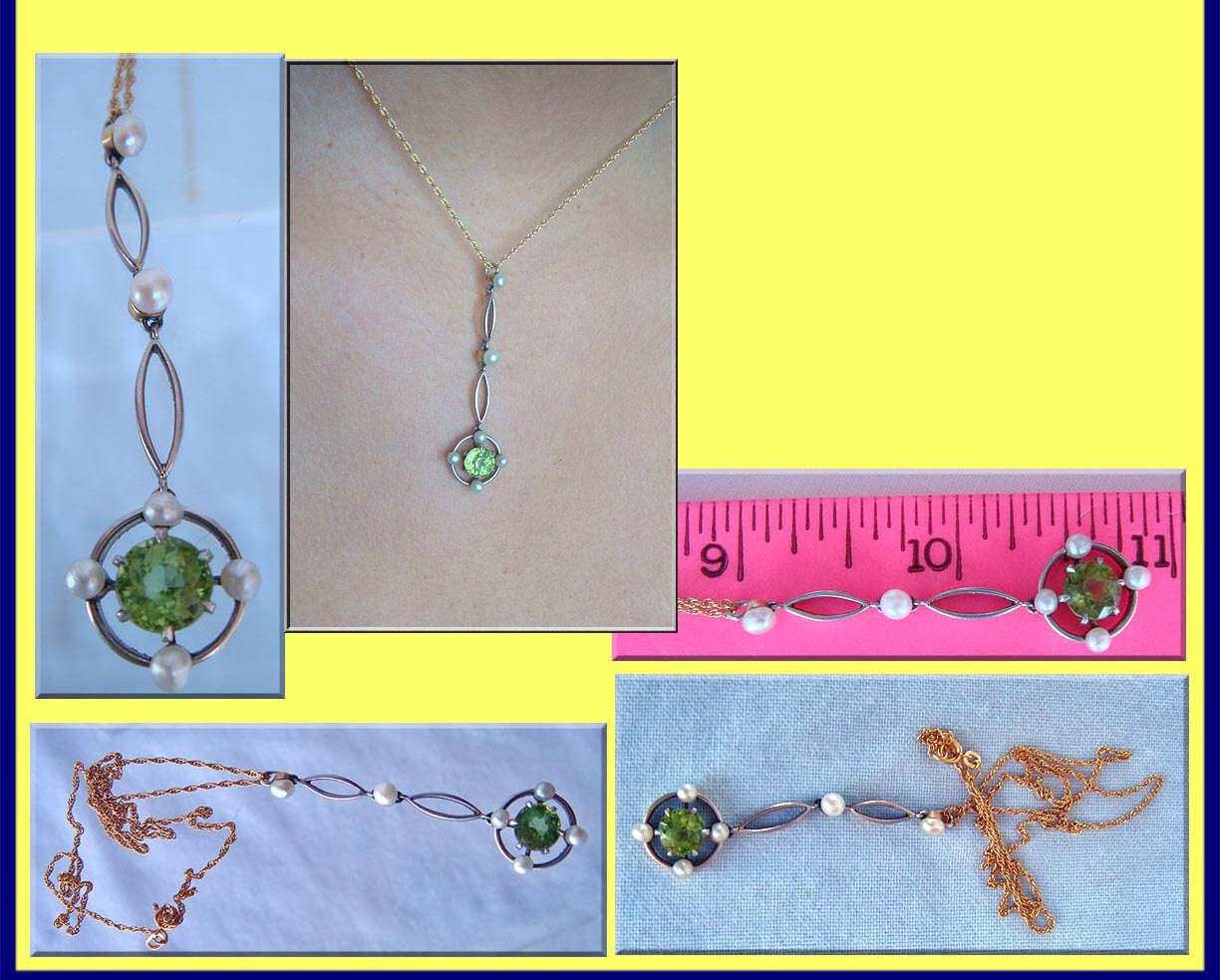 Edwardian Peridot, Diamond and Pearl Necklace