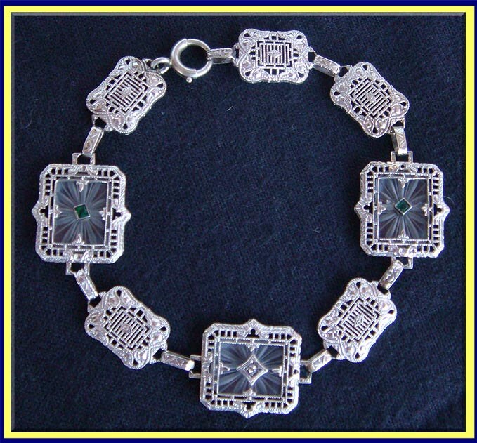 Vintage Art Deco Bracelet 14k White Gold Rock Crystal Diamonds Emeralds (4119)