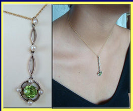 Art Deco Pendant Necklace Peridot Pearl Platinum & Gold (#4372)