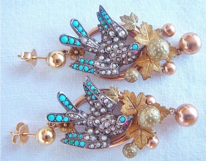 Antique Victorian Earrings Pave Turquoise Pearl Bird (4290)
