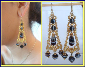 Antique Georgian Earrings Banded Agate 14k Gold Cannetille (4282)