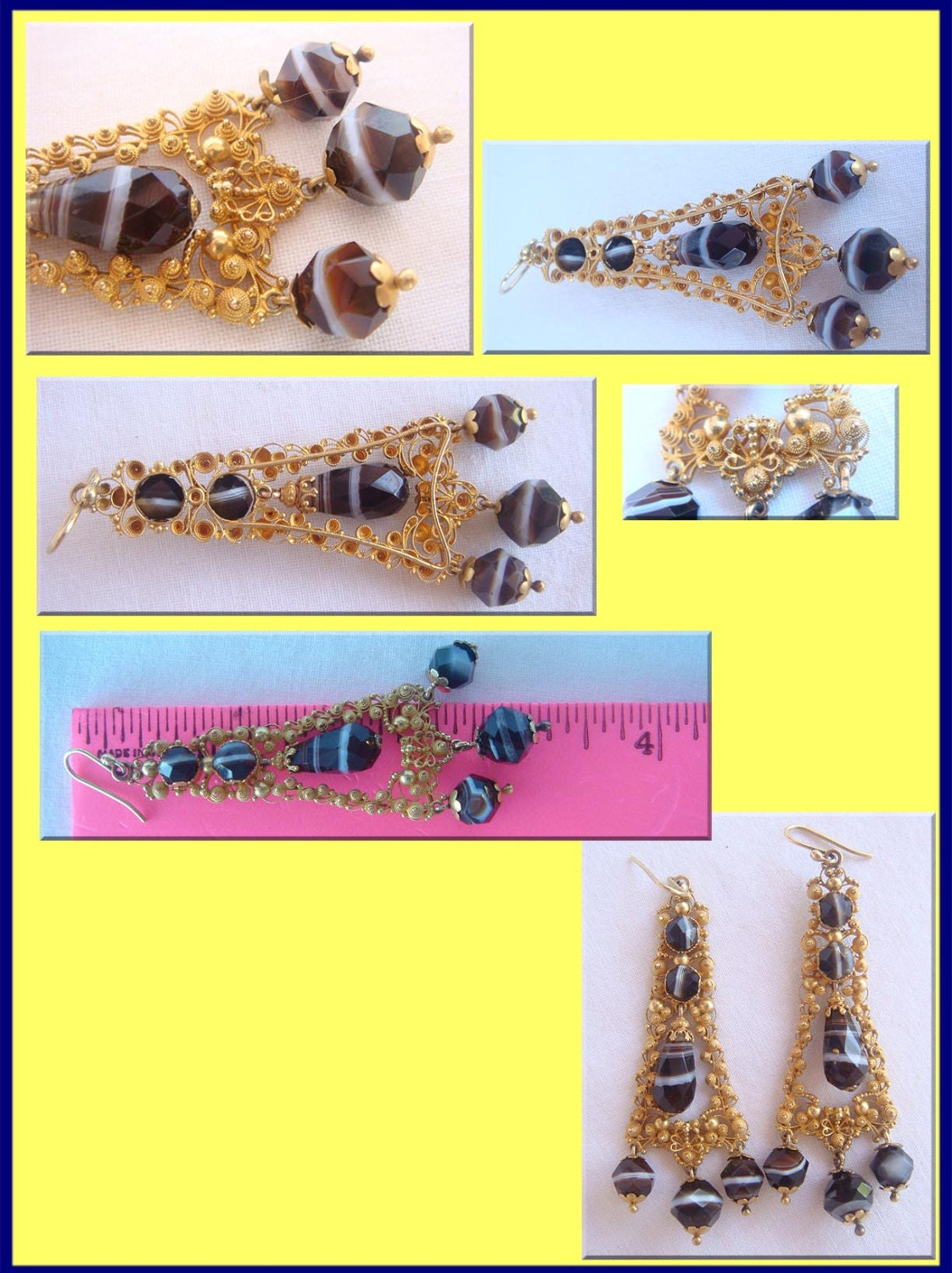 Antique Georgian Earrings Banded Agate 14k Gold Cannetille (4282)