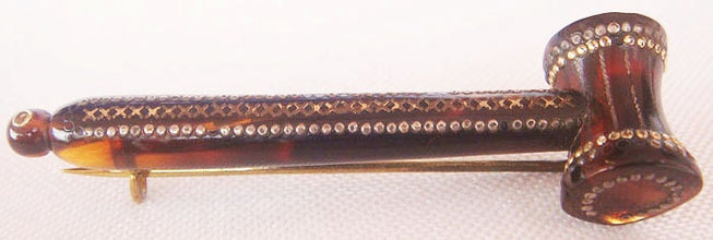 Judge Auctioneer Gavel Hammer Georgian Brooch Pique Gold Inlay Antique (4005)