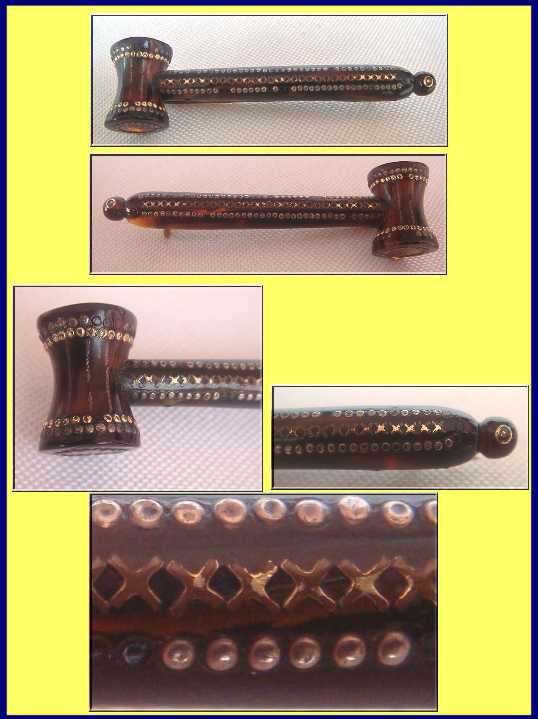 Antique Victorian Pique Gold Inlaid Brooch Hammer Gavel (4005)