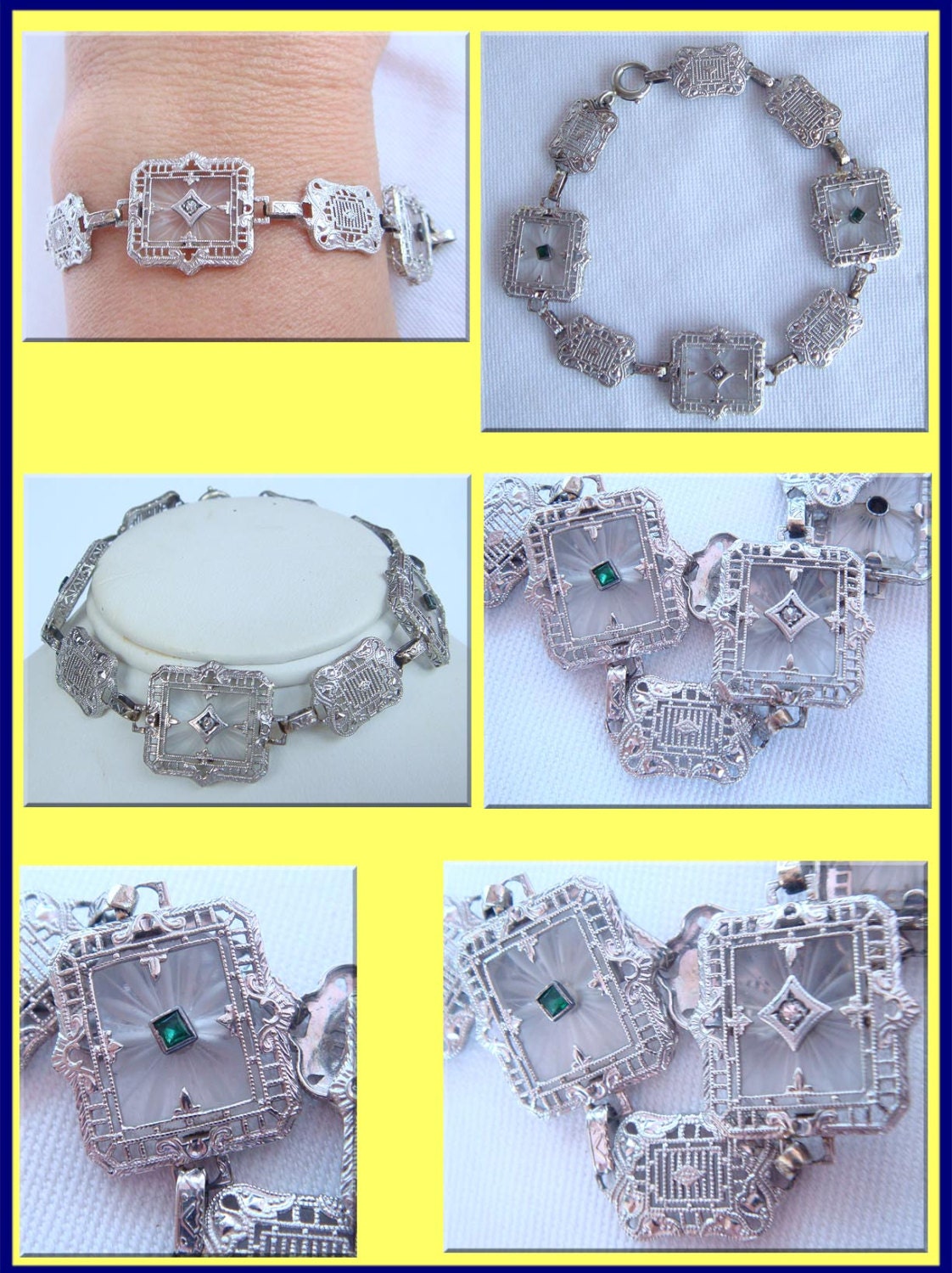 Vintage Art Deco Bracelet 14k White Gold Rock Crystal Diamonds Emeralds (4119)