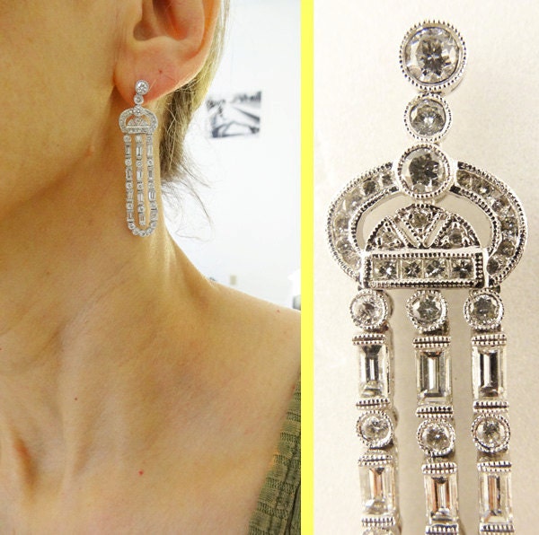 Vintage Earrings 4.50ct Diamonds Platinum Long Ear Pendants w Appraisal  (5578)