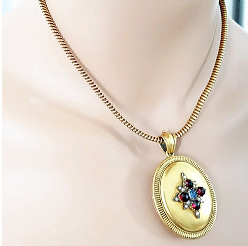 Antique Victorian Necklace Pendant Locket Gold Garnet Sapphire Pearl (5699)