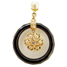 Antique Art Deco Earrings Gold Diamond Pearl Dangling Flowers Onyx Hoops (5191)