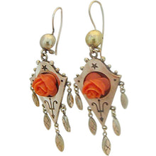 Antique Victorian Earrings Gold Drops w Dangles & Carved Crl Roses (5025)