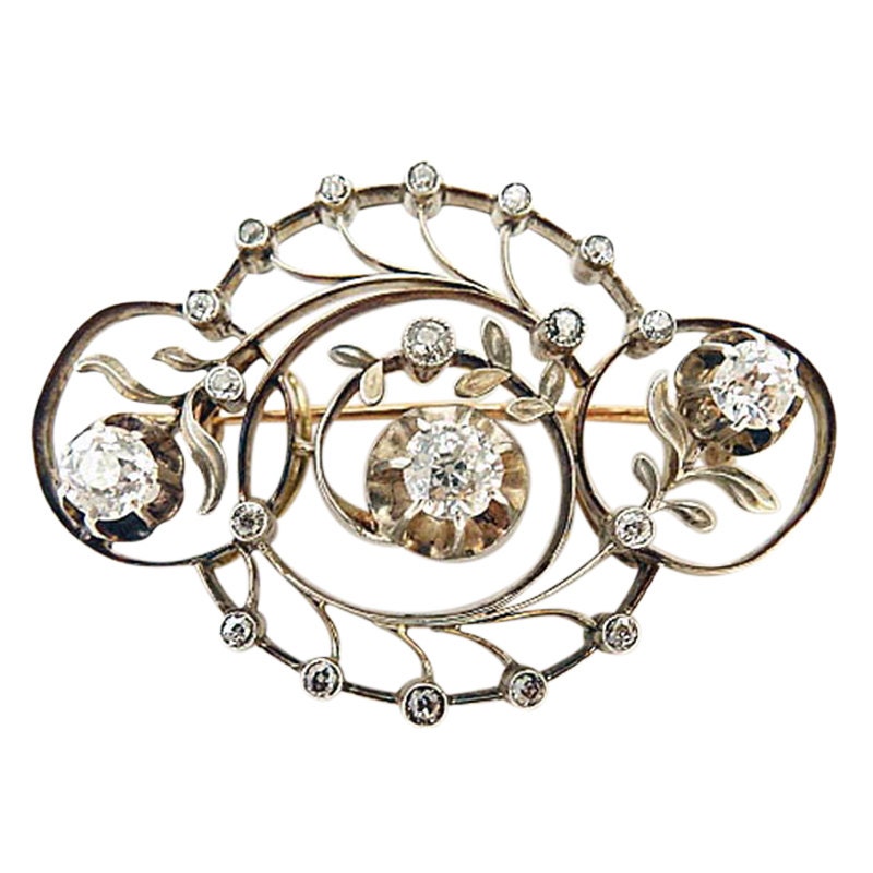 Art Nouveau Imperial Russian Brooch Diamonds Gold Silver w Appraisal (5214)