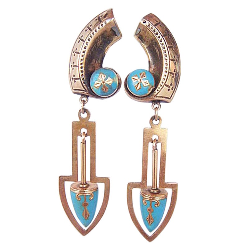Antique Victorian Earrings. 14k Gold, Blue Enamel. Long (4615)
