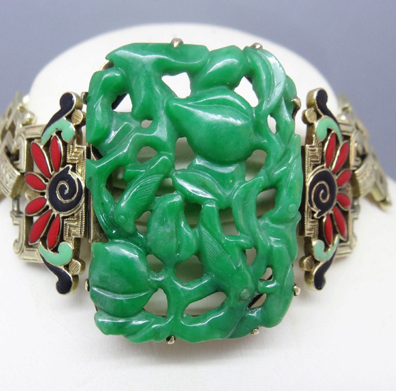 French Art Deco Bracelet China Jade Plaque w Certificate Gold Enamel (5860)