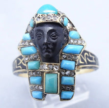 Victorian Ring Egyptian Revival Pharaoh Gold Diamonds Turquoise Enamel Onyx(5872)