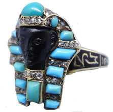 Victorian Ring Egyptian Revival Pharaoh Gold Diamonds Turquoise Enamel Onyx(5872)