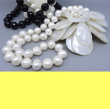 Vintage long double Necklace Pearls Onyx Mother of Pearl Flower Statement (5878)