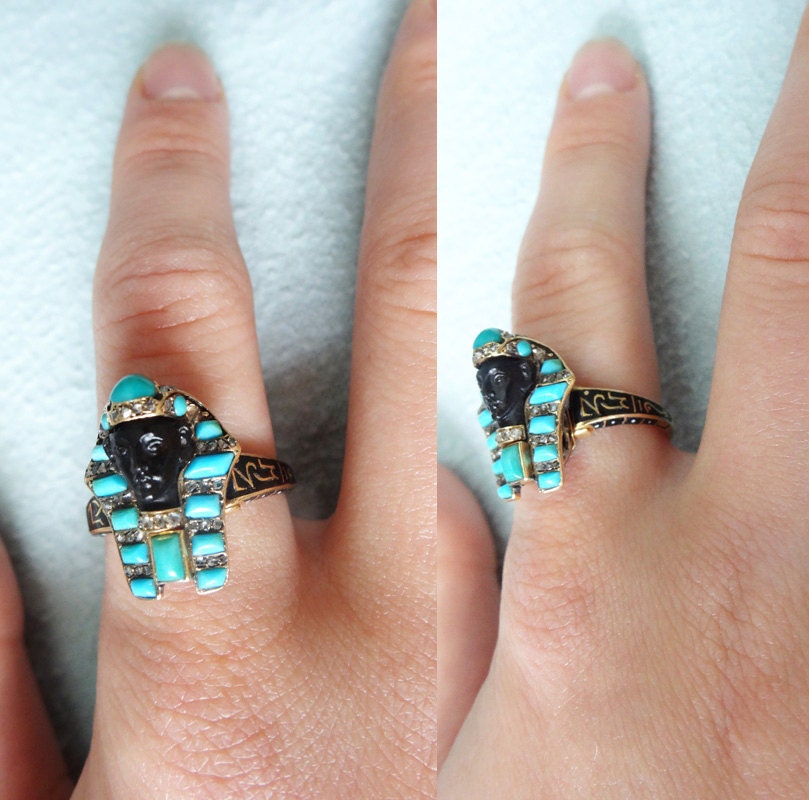 Victorian Ring Egyptian Revival Pharaoh Gold Diamonds Turquoise Enamel Onyx(5872)
