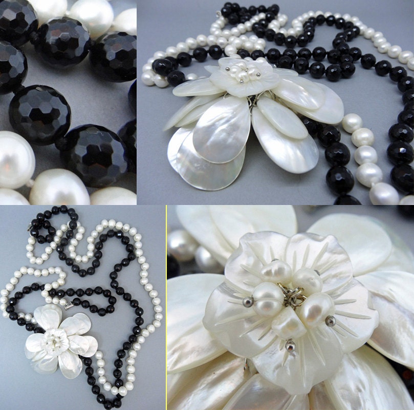 Sautoir Necklace Cultured Pearls Onyx & Enormous Mother of Pearl Flower (5878)