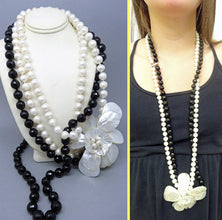 Vintage long double Necklace Pearls Onyx Mother of Pearl Flower