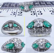 Vintage Retro Ring Diamonds Emeralds Platinum Wedding Engagement Gift (5843)