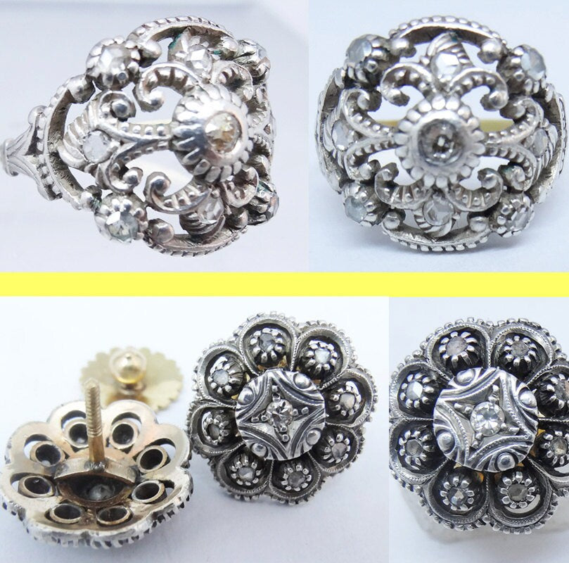 Antique Ring Earrings Set Diamonds Gold Silver Portuguese w Appraisal (5844)