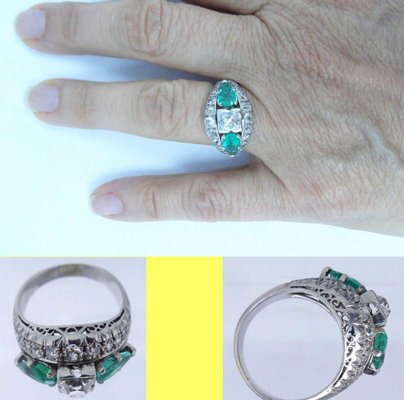 Vintage Retro Ring Diamonds Emeralds Platinum Wedding Engagement Gift (5843)