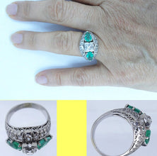 Vintage Retro Ring Diamonds Emeralds Platinum Wedding Engagement Gift (5843)