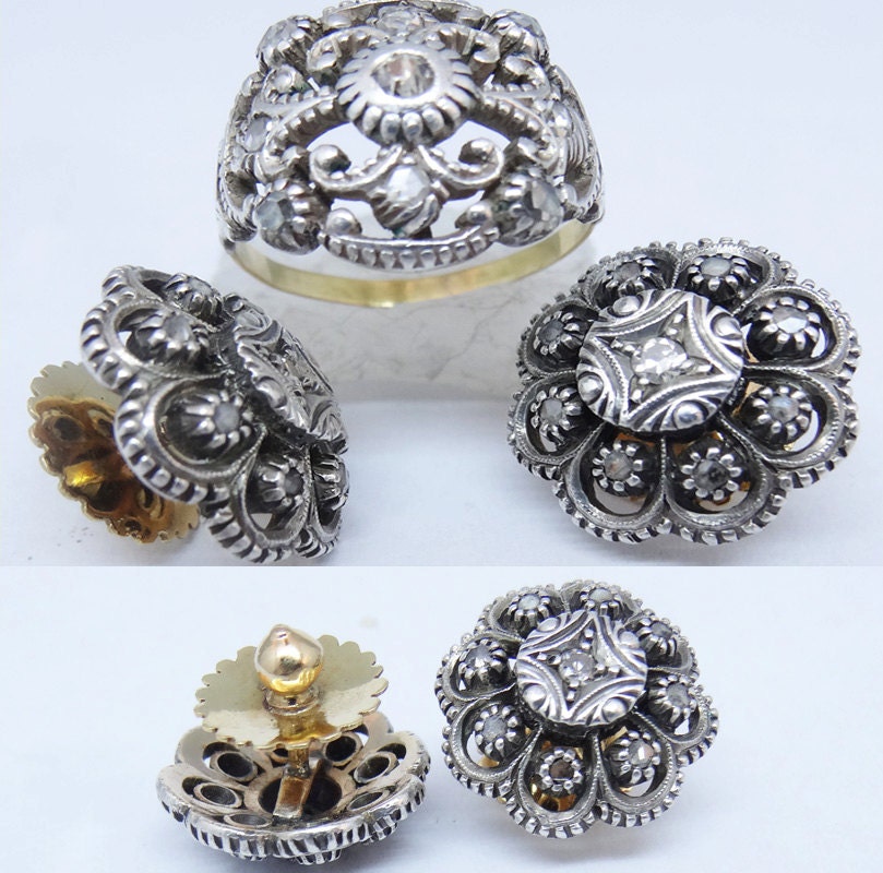 Antique Ring Earrings Set Diamonds Gold Silver Portuguese w Appraisal (5844)