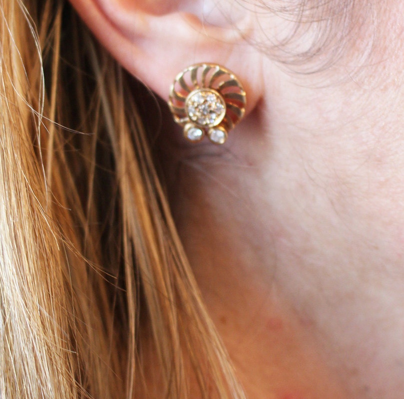 Vintage Retro Pop Earrings Gold Diamond Flower Kinetic w Appraisal (5913)