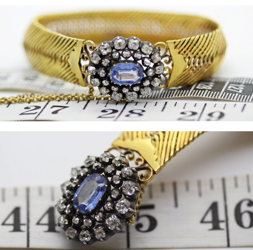 Antique Victorian Bracelet Bangle Diamonds Sapphire 18k Gold w Appraisal (5924)