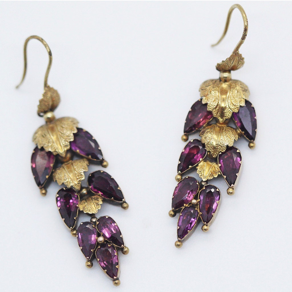 Antique Georgian Earrings ear Pendants 15k Gold Garnets English (5968)