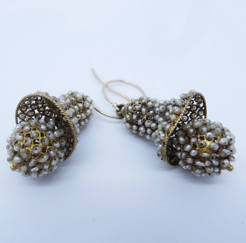 Antique Earrings Georgian Victorian Ear Pendants Pearl Gold Wedding Bell (5890)