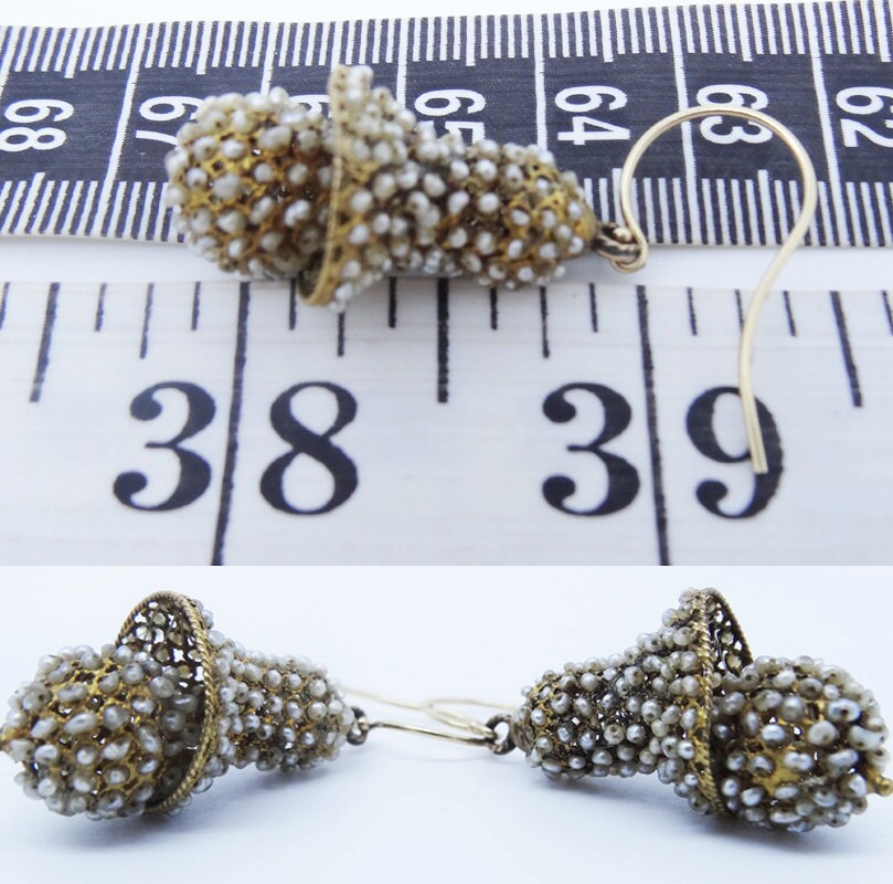Antique Earrings Georgian Victorian Ear Pendants Pearl Gold Wedding Bell (5890)