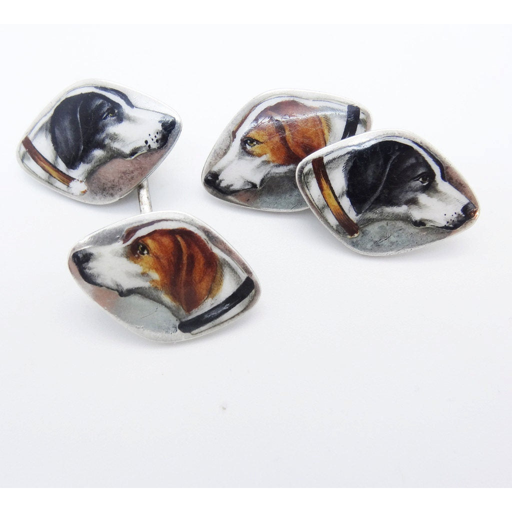Art Deco Cufflinks Dogs Beagle Labrador French Depose 900 Silver Enamel (6003)