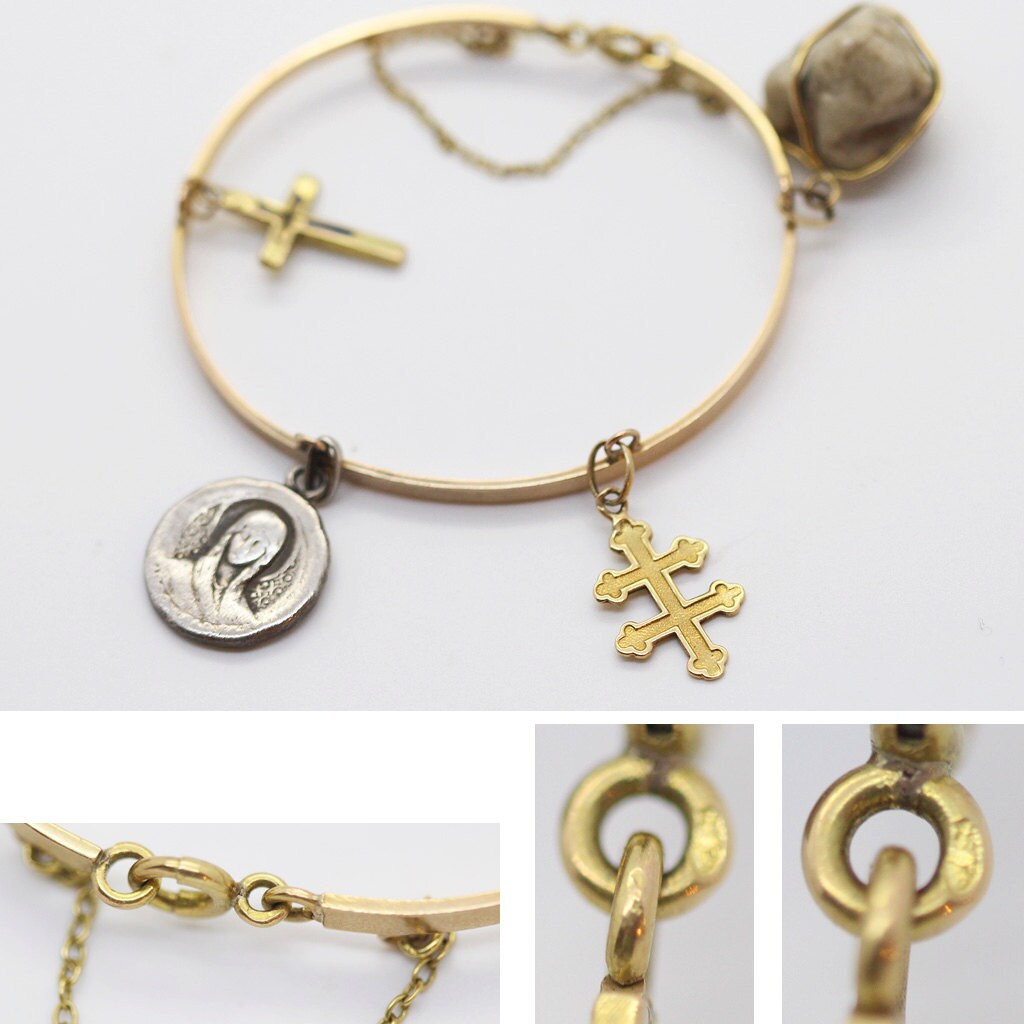 Vintage Bracelet 18k Gold Silver Cross Charms Mother Mary Christian (6006)