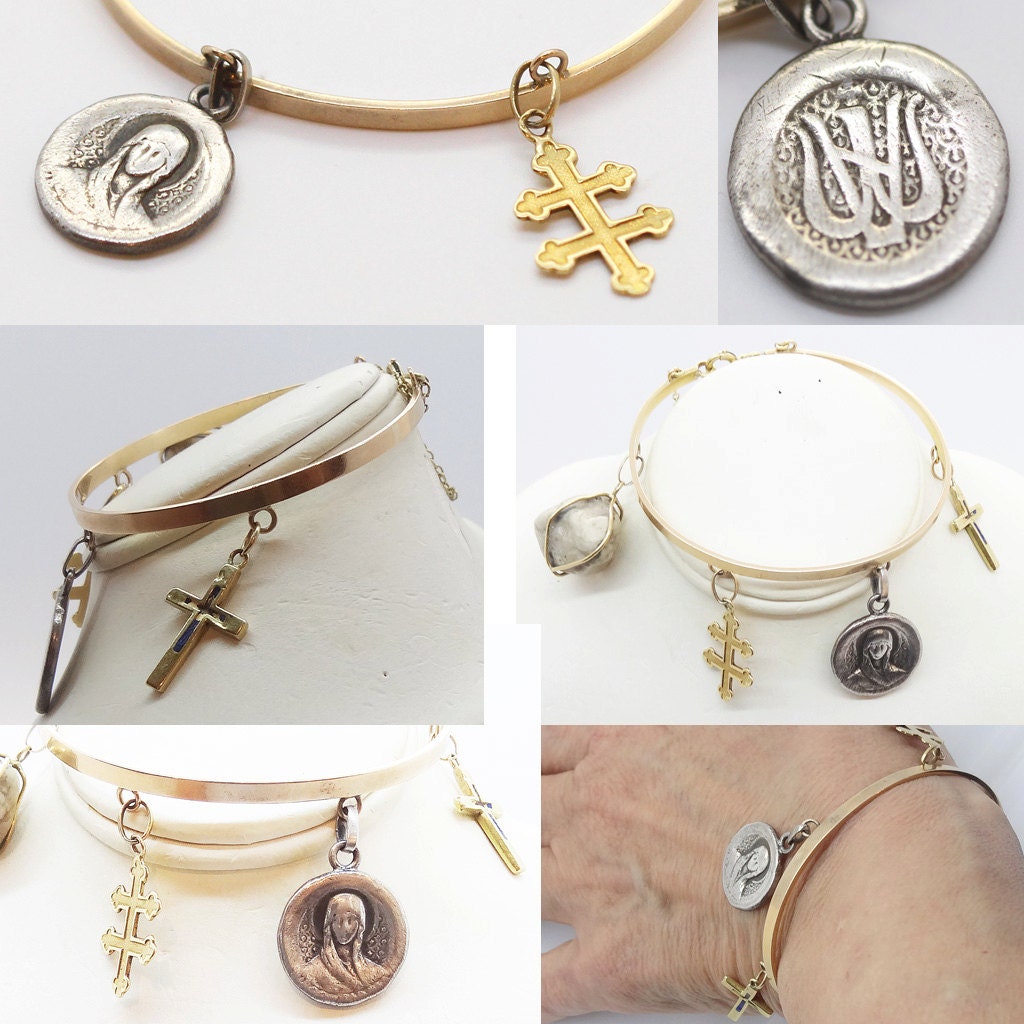 Vintage Bracelet 18k Gold Silver Cross Charms Mother Mary Christian (6006)