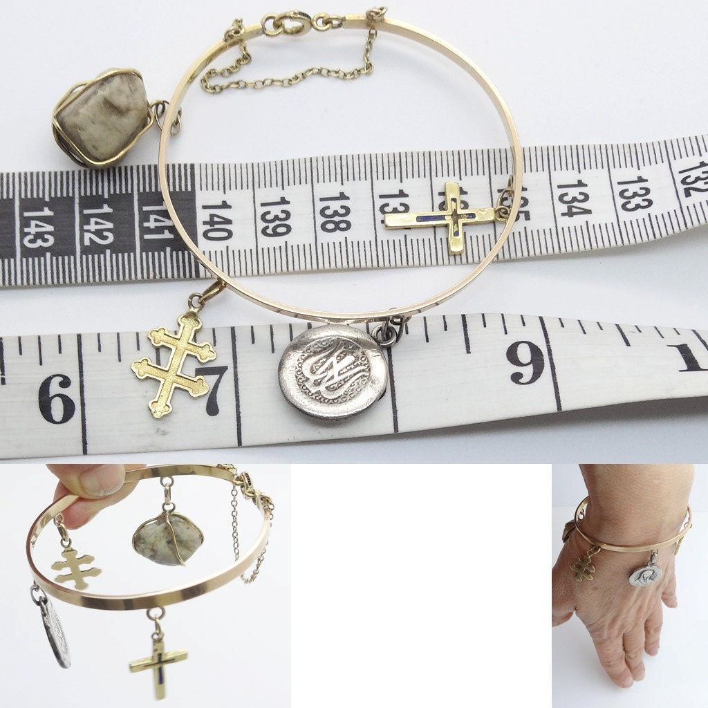Vintage Bracelet 18k Gold Silver Cross Charms Mother Mary Christian (6006)