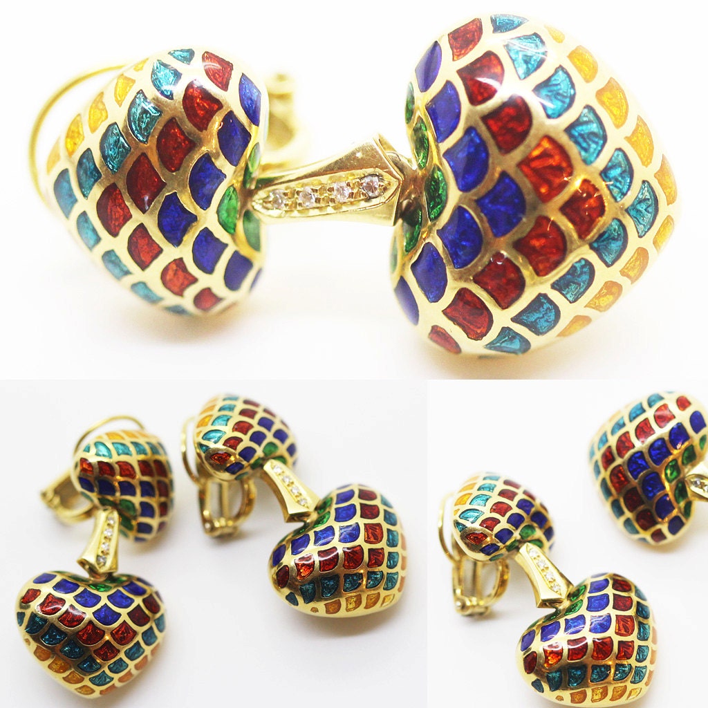 Vintage Earrings 18k Gold Diamonds Enamel 2bl Hearts Ear Clips w Appraisal (6014