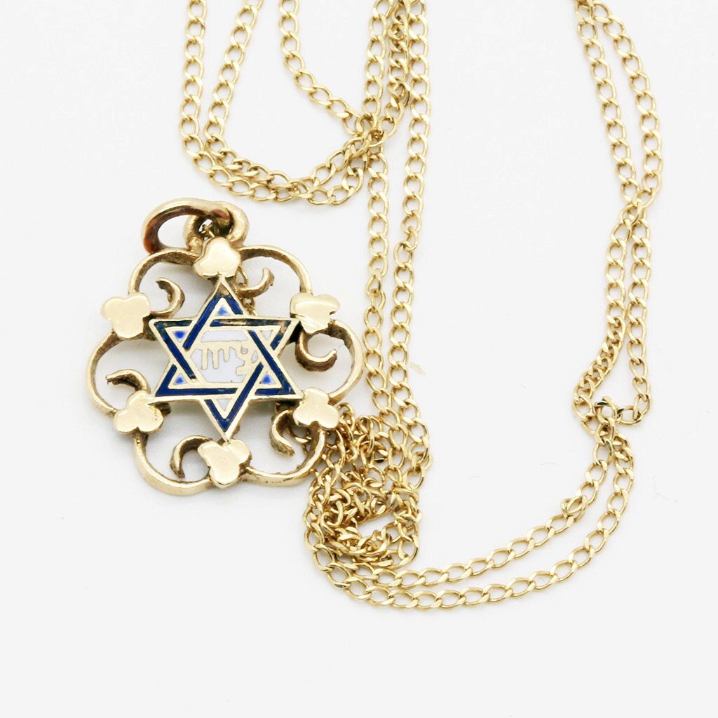 Vintage Magen David Star of David Pendant Chain Necklace 14k Gold Enamel (6058)