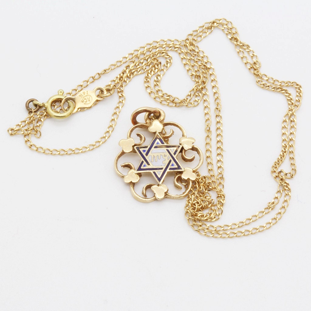 Vintage Magen David Star of David Pendant Chain Necklace 14k Gold Enamel (6058)