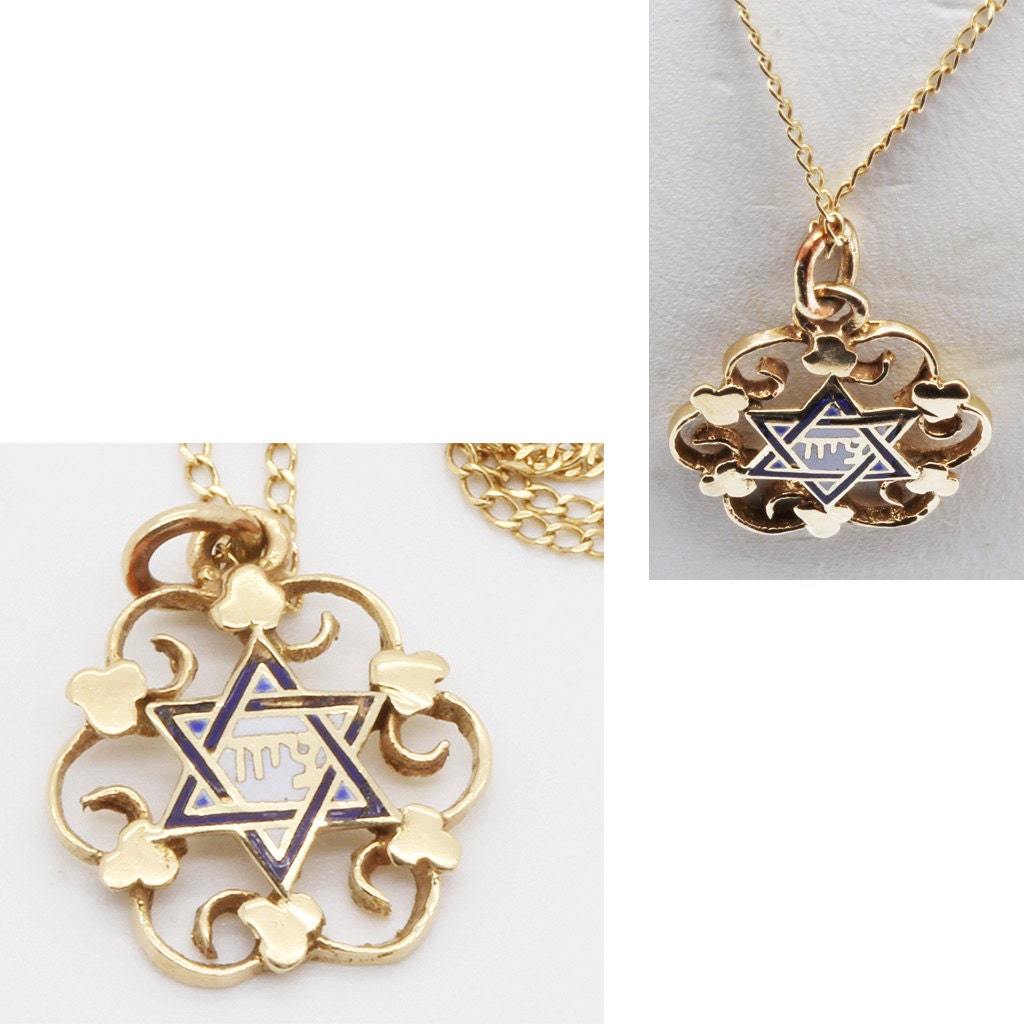 Vintage Magen David Star of David Pendant Chain Necklace 14k Gold Enamel (6058)