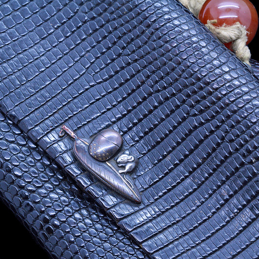 antique Japanese shakudo tobacco pouch pipe case mixed metal silver clasp