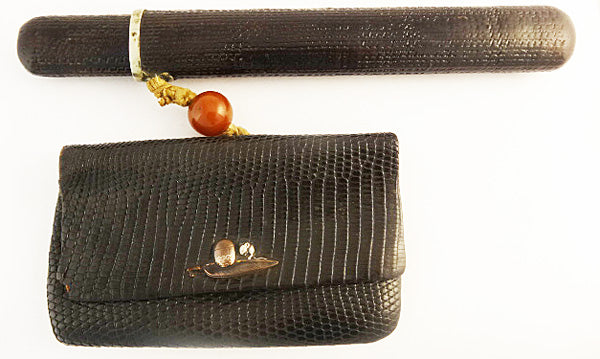Antique Japanese Shakudo Pouch Pipe Case Mixed Metal Silver (5516)